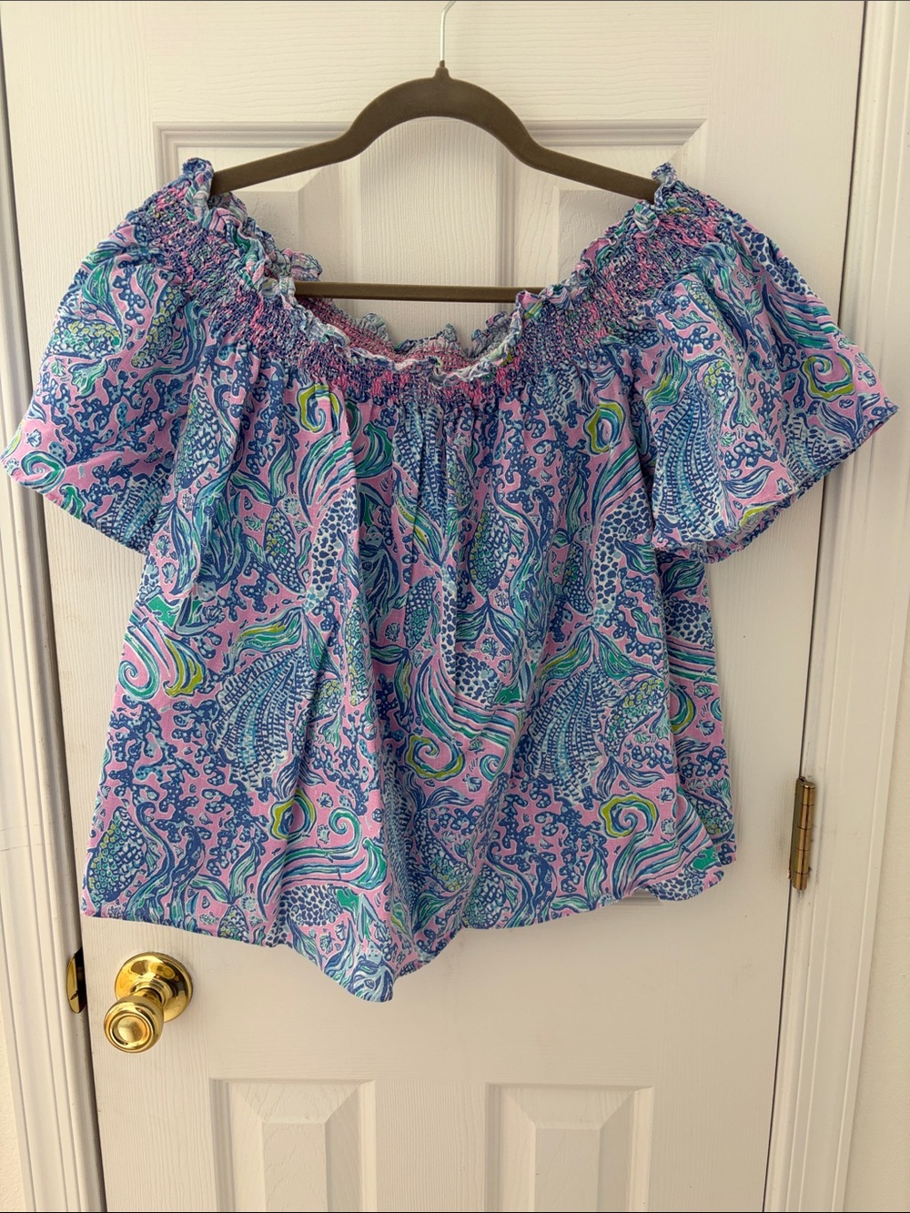 Lilly Pulitzer Pink and Blue Off-Shoulder Paisley Linen Top